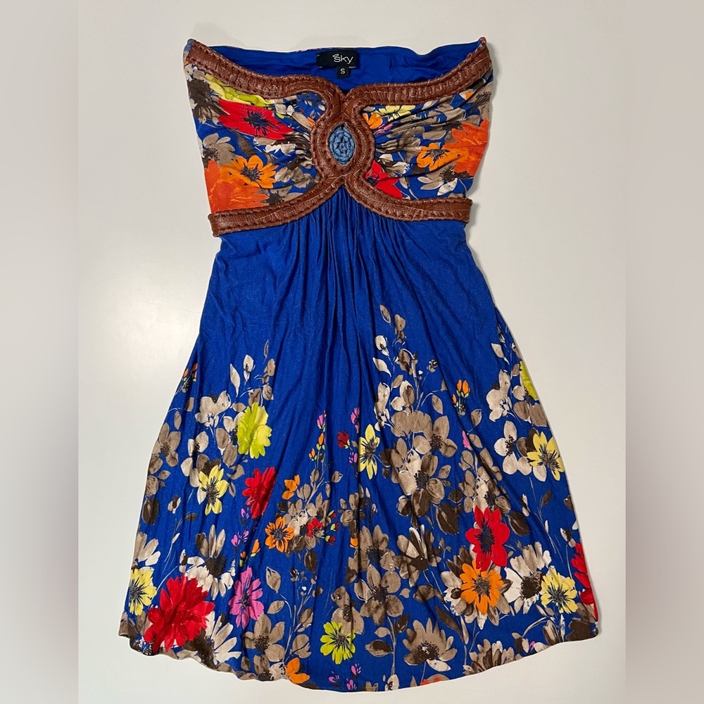 Vintage short Floral Print Sky brand strapless tube Dress Leather Accents S